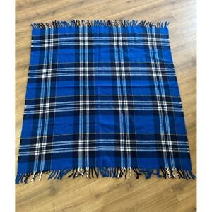 Vintage '60s Fairbo Plaid Acrylic Stadium Blanket Blue, White and Gold